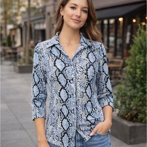 Pure Amici Blue Snakeskin Print Blouse Button Front Womens XS NWT